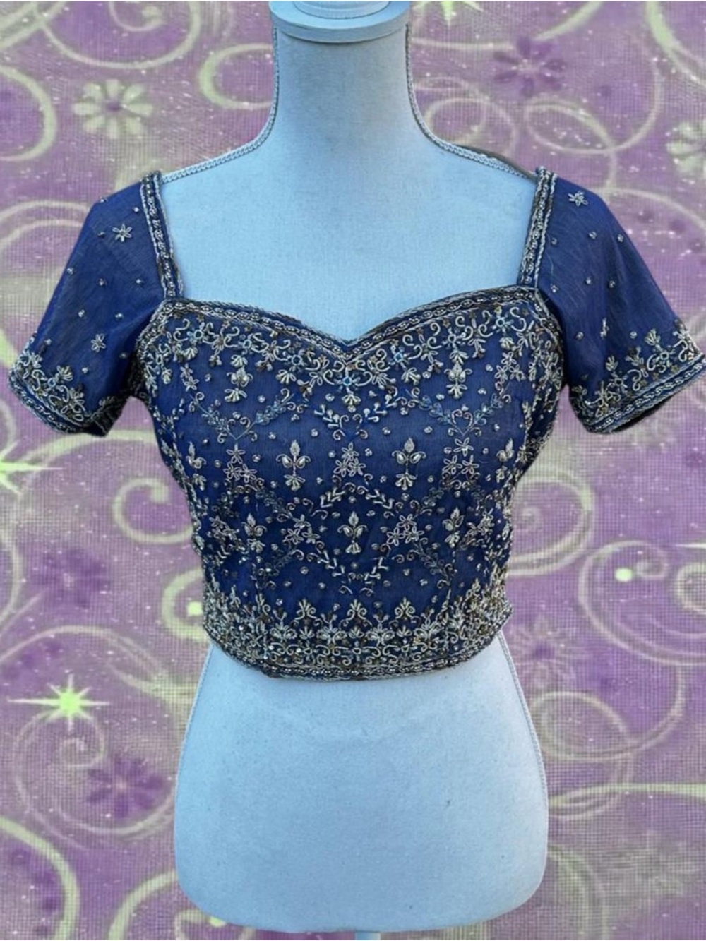 Embroidered Navy Blue Women's Crop Blouse